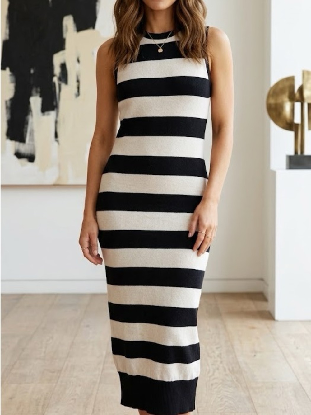 RAG AND BONE . Black and White Striped Midi Dress.  Long black and white dress